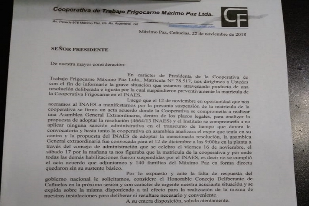 La carta envíada al Concejo Deliberante local.