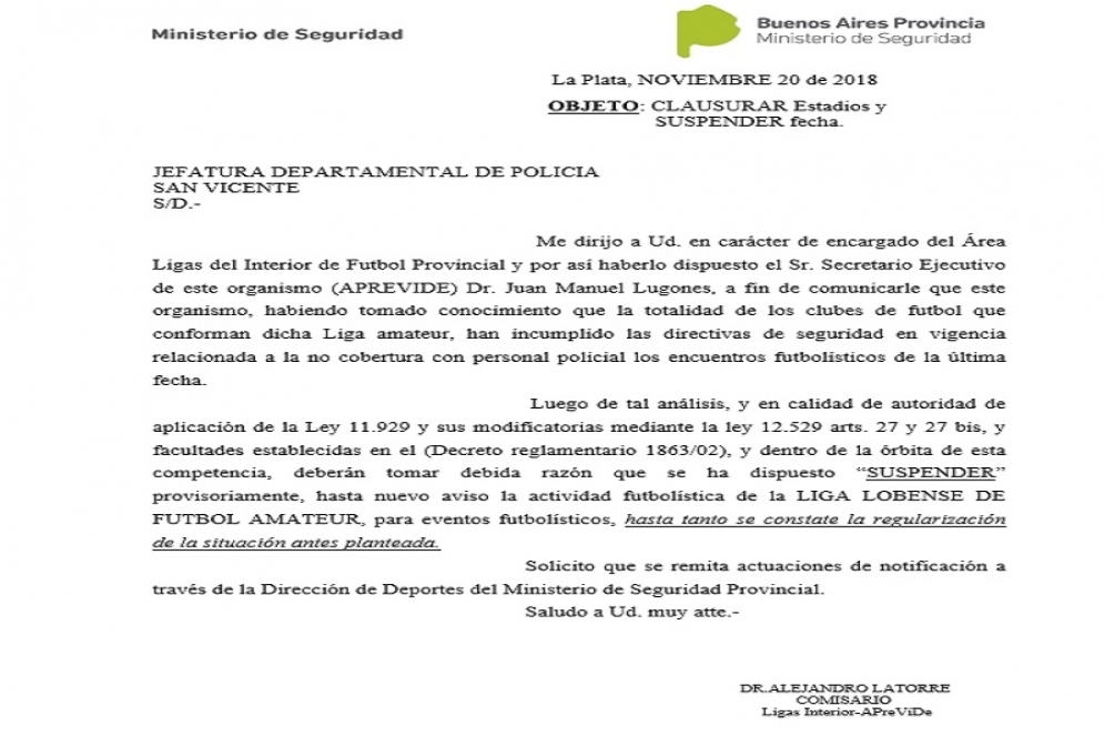 La notificación que confirmó la medida.
