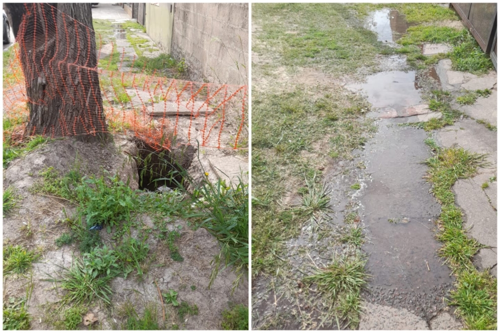 El agujero que dejó ABSA y el charco de agua ocasionado por la rotura de un caño.